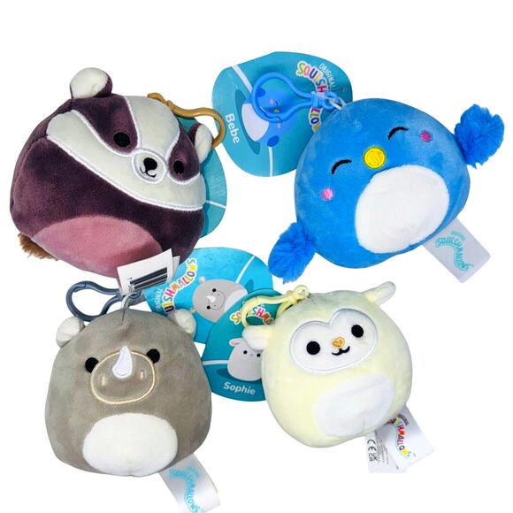 4 NEW NWT Squishmallows Clip On Keychain Mini Plush Racoon Bird Lamb Rhinoceros - Picture 1 of 9